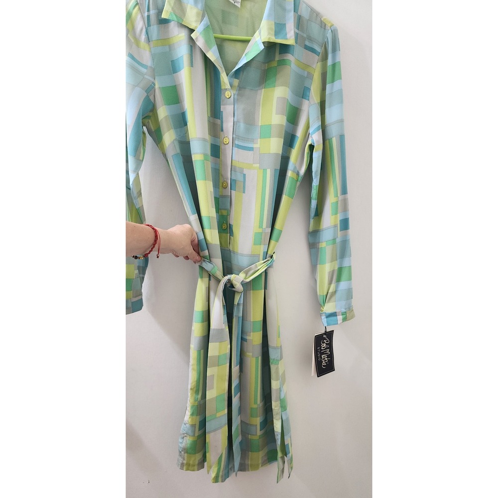 Bob Mackie Studio Silk Shirt Dress Green Blue Geometric Print NWT Size 6